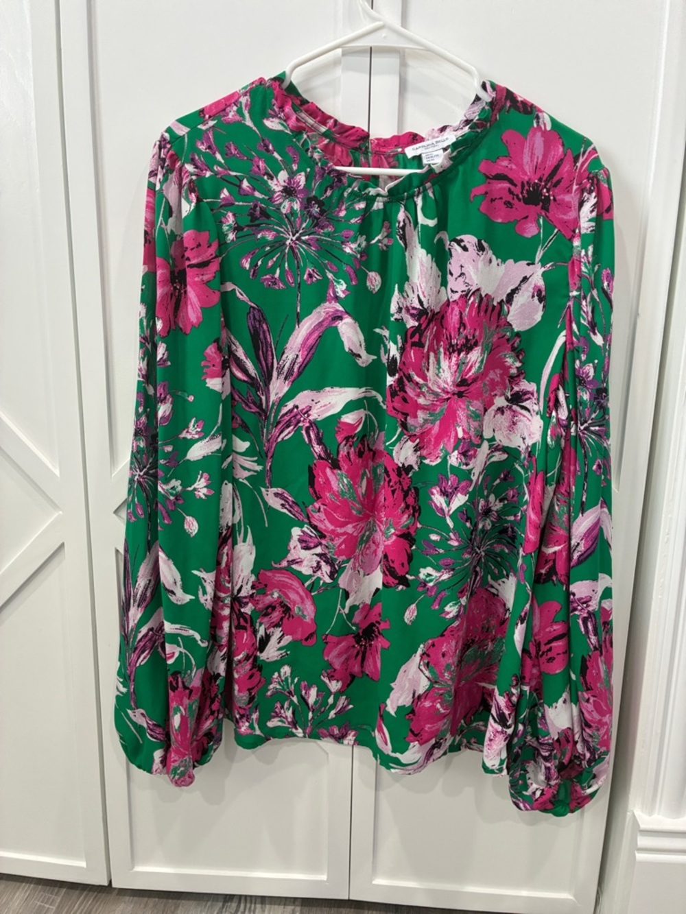 Women's Green Floral Blouse with Pink Print